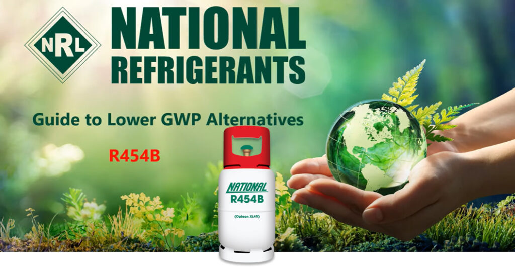 A hand holds a glass globe with green plants, next to a National Refrigerants R454B canister and the text “Guide to Lower GWP Alternatives.”. Evergreen State Heat & AC