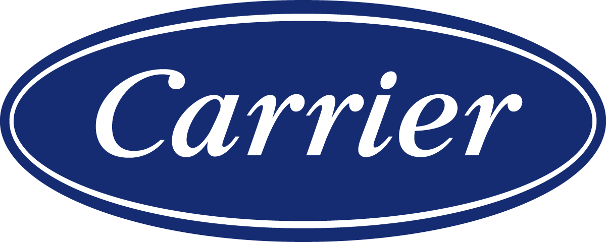 Carrier logo, featuring white text in a script font inside a dark blue horizontal oval. Evergreen State Heat & AC