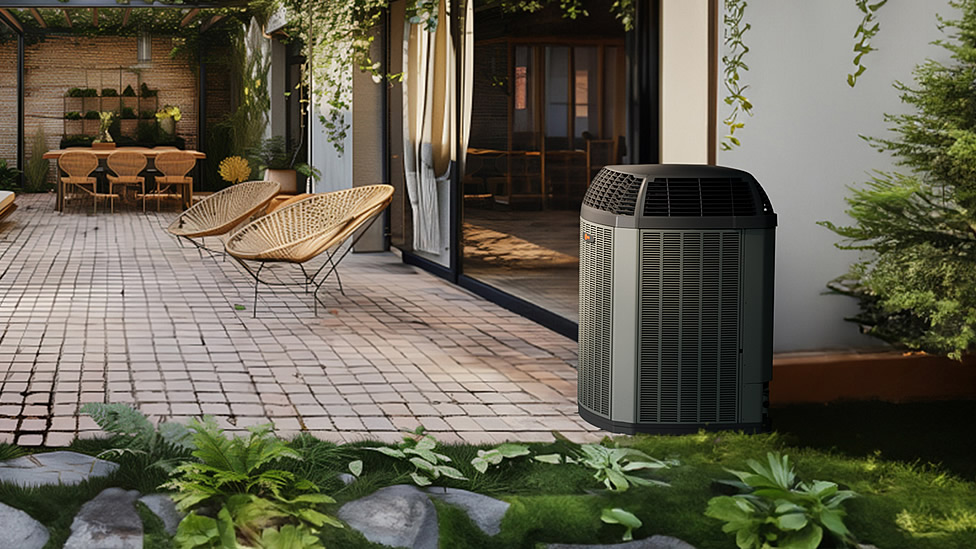 A large outdoor air conditioning unit is installed next to a modern patio with wicker chairs, plants, and sliding glass doors. Evergreen State Heat & AC
