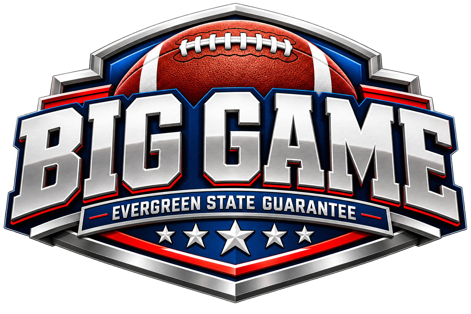Logo for Big Game Evergreen State Guarantee featuring a football centered above the text. Evergreen State Heat & AC