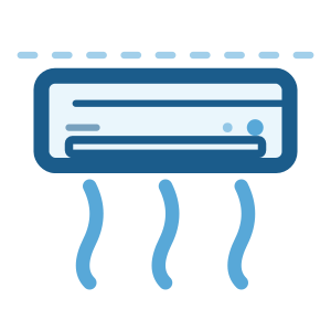 Simple blue icon of a wall-mounted air conditioner emitting cool air, represented by three wavy lines below the unit—ideal for homes seeking comfort and affordable plumbing solutions. Plumbers in Black Diamond, WA