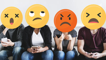 Four people sit on a couch using smartphones, each with a large emoji face displaying different negative emotions covering their real faces. Evergreen State Heat & AC