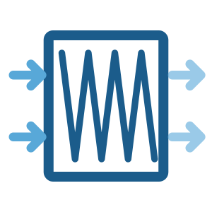Icon showing three blue arrows pointing into a rectangle with a zigzag line inside, and two arrows pointing out, symbolizing an affordable plumbing filter or filtration process. Plumbers in Black Diamond, WA
